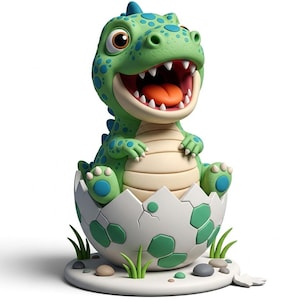 May include: A cheerful green dinosaur figurine with blue spots and a wide, toothy grin. The dinosaur is emerging from a cracked, white eggshell decorated with green accents. The figurine sits on a white base with small rocks and grass.