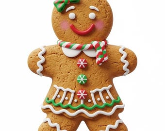 Op de afbeelding: Een peperkoekmannetjeskoekje, versierd met witte glazuur, een rode glimlach en een groene strik. De koek heeft een rood-groene sjaal en is versierd met sneeuwvlokvormige snoepjes. Een feestelijke traktatie.