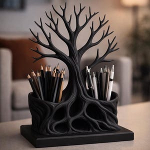 May include: Black tree-shaped desk organiser with a detailed trunk and branches. It holds pencils and pens in separate compartments. The base is rectangular. The background is blurred, showing a living room setting.