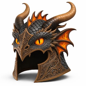 May include: A detailed dragon helmet in brown and black. The helmet features large, curved horns, orange eyes, and intricate scale and scrollwork details. The design includes orange accents on the wings and crest.