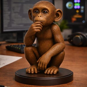 以下が含まれることがあります： 思案するポーズの茶色の樹脂製サル彫刻。手はあごに当てられ、考え込んでいるように見える。サルは濃い茶色の円形台座に置かれている。背景には、コンピューターモニター、キーボード、その他のオフィス用品が含まれている。