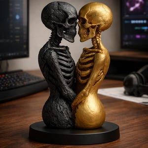 May include: A black and gold skeleton couple sculpture. The embracing figures are posed face-to-face, with one skeleton in black and the other in gold. The sculpture is mounted on a black circular base, suitable for home decor.