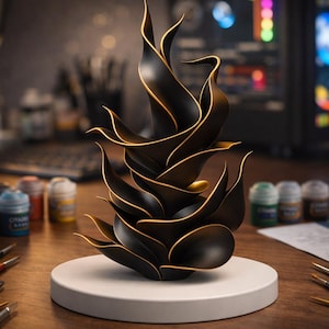 May include: A black and gold abstract sculpture, reminiscent of flames, displayed on a white circular base. The background features art supplies and a computer, creating an artistic setting.