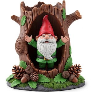 May include: A detailed garden gnome figurine is housed within a tree trunk. The gnome is dressed in a red hat and green attire, complete with a long white beard. The base is adorned with pinecones, acorns, and green leaves, creating a charming garden scene.