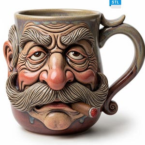 Peut inclure: Une tasse en céramique avec le visage sculpté d'un vieil homme avec une grande moustache et un cigare allumé. La tasse est principalement marron avec des accents de beige, de rouge et de rose. La poignée a un design incurvé unique.