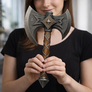 May include: A detailed double-bladed axe. The axe head is dark grey, and the handle is brown with silver detailing. The axe features a decorative diamond pattern on the head and handle. The axe is held in front of a person.