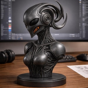 May include: A metallic gray alien bust sculpture with intricate details. The sculpture features a stylized head with large eyes, a detailed neck, and a bust form. The alien's mouth glows orange. The sculpture sits on a round base.