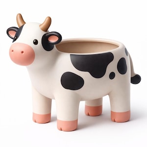 May include: A ceramic cow planter with a cream-colored body, black spots, and pink accents on the nose and feet. The cow has small brown horns and a large opening for planting. A whimsical and decorative item.