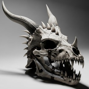 May include: An off-white dragon skull with prominent horns and sharp teeth. The skull has detailed cracks and is fitted with metal and leather elements, possibly a helmet or mask. The design has a fantasy theme, with a focus on intricate detailing.