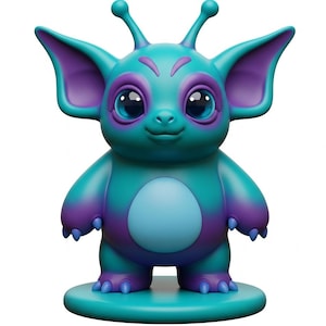 Peut inclure: Figurine d'extraterrestre de dessin animé turquoise et violet avec de grands yeux, des oreilles et des antennes. La figurine a un corps rond et repose sur une base turquoise. Les yeux de l'extraterrestre sont grands et expressifs.