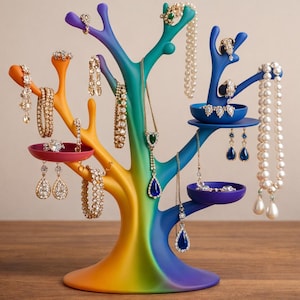 May include: A colorful jewelry tree in a rainbow gradient, holding various earrings, necklaces, and rings. The tree has branches and small trays to display the jewelry. The jewelry includes pearl necklaces and gemstone earrings.