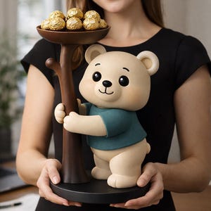 Könnte beinhalten: Ein skurriler, bärenförmiger Süßigkeitenhalter mit einem dunkelbraunen, baumartigen Stiel und einem runden Sockel. Der Bär trägt ein türkisfarbenes Hemd und hält ein Tablett mit goldverpackten Pralinen. Der Halter ist ein dekorativer Artikel.