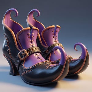 Op de afbeelding: Een paar grillige zwarte en paarse heksenschoenen met gekrulde tenen. De schoenen hebben een gesp, decoratieve stiksels en een hoge hak. De binnenkant is felpaars, met oranje afwerking. Een uniek en fantastisch schoenontwerp.