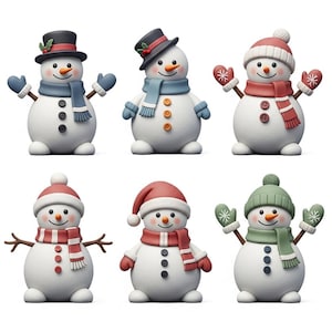 Può includere: Sei allegri pupazzi di neve con nasi di carota e occhi a bottone. Indossano cappelli, sciarpe e guanti rossi, blu e verdi. I pupazzi di neve sono una decorazione festosa per le vacanze. Una deliziosa scena invernale.
