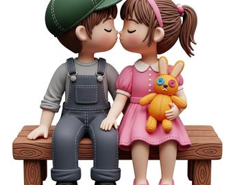 May include: A 3D-rendered image of a boy and girl kissing while seated on a wooden bench. The boy wears a green cap, gray shirt, and blue overalls. The girl wears a pink dress and holds an orange stuffed bunny. The image has a white background.