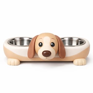 Può includere: Una ciotola per animali a forma di cane, beige e bianca, con due ciotole in acciaio inossidabile per cibo o acqua. Il cane ha orecchie e naso marroni. La ciotola ha due piccoli piedini a forma di zampa.