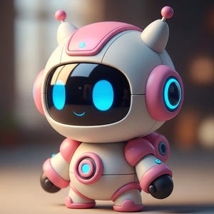 Könnte beinhalten: Ein niedlicher Roboter im Cartoon-Stil mit weißem Körper, rosa Akzenten und leuchtend blauen Augen. Der Roboter hat einen runden Kopf mit Antennen, kreisförmigen Ohrenteilen und einem lächelnden Gesicht. Seine Arme und Beine sind kurz und stämmig.