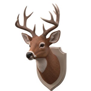 May include: A deer head mount with detailed fur texture and large antlers. The deer head is brown with white accents and is mounted on a light beige shield-shaped plaque. The antlers are a darker brown.