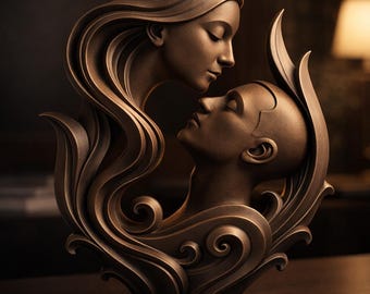 May include: Bronze sculpture depicting two figures in an embrace. One figure, with flowing hair, leans towards the other, who has closed eyes. The sculpture features intricate details and swirling patterns, creating a sense of movement and emotion. The piece is set on a dark surface.