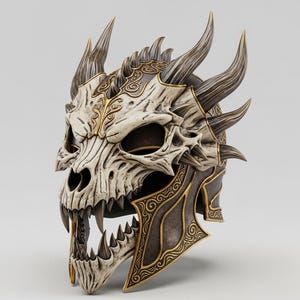 May include: A detailed dragon skull helmet with sharp teeth and horns. The helmet is primarily off-white with gold and dark grey accents. Intricate patterns adorn the surface, creating a fantasy or cosplay aesthetic.