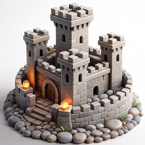 Può includere: Un modello di castello in pietra grigia con quattro torri, un cancello centrale e un muro di cinta. Il castello è posto su una base di pietre grigie e presenta piccole luci brillanti. Un pezzo architettonico in miniatura.