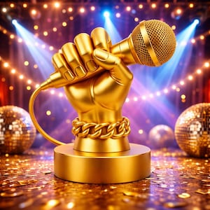 May include: A gold-colored sculpture of a clenched fist holding a wired microphone. The wrist is adorned with a thick gold chain bracelet. The entire figure is mounted on a smooth, circular gold base, reflecting a vibrant stage lighting environment.