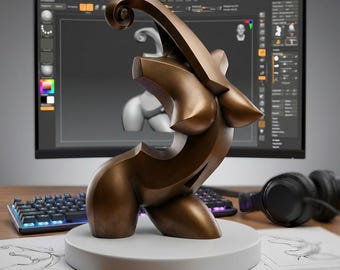 May include: A bronze-colored sculpture of a female form, displayed on a white circular base. The artwork has a flowing, abstract design. A computer monitor with 3D modeling software is in the background, along with a keyboard and headphones.