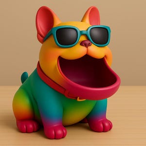Peut inclure: Un récipient de rangement en forme de bouledogue coloré. Le chien est peint dans un dégradé arc-en-ciel avec des oreilles rouges, un collier rouge et des pattes roses. Il porte des lunettes de soleil bleues et a une bouche ouverte pour le rangement.