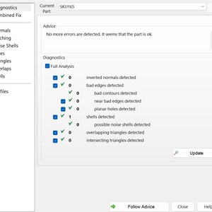 May include: A screenshot of a software interface with diagnostic information. The interface displays a list of checks, including "inverted normals detected" and "shells detected." The text "No more errors are detected" is also visible.