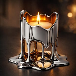Może przedstawiać: Srebrny świecznik z motywem topiącego się wosku. Świecznik ma błyszczące, metaliczne wykończenie i mieści zapaloną białą świecę. Płomień jest jasny, a ogólny efekt elegancki i nowoczesny.