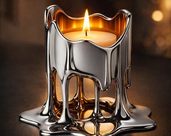 May include: A silver candle holder with a melting wax design. The candle holder has a shiny, metallic finish and holds a lit white candle. The flame is bright and the overall effect is elegant and modern.