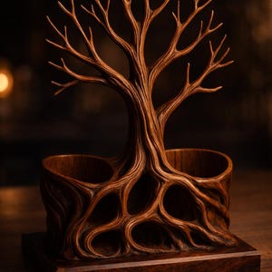May include: A brown wooden desk organizer featuring a carved tree design with exposed roots forming two circular compartments. The structure is mounted on a rectangular wooden base, showcasing detailed wood grain textures throughout the entire piece.