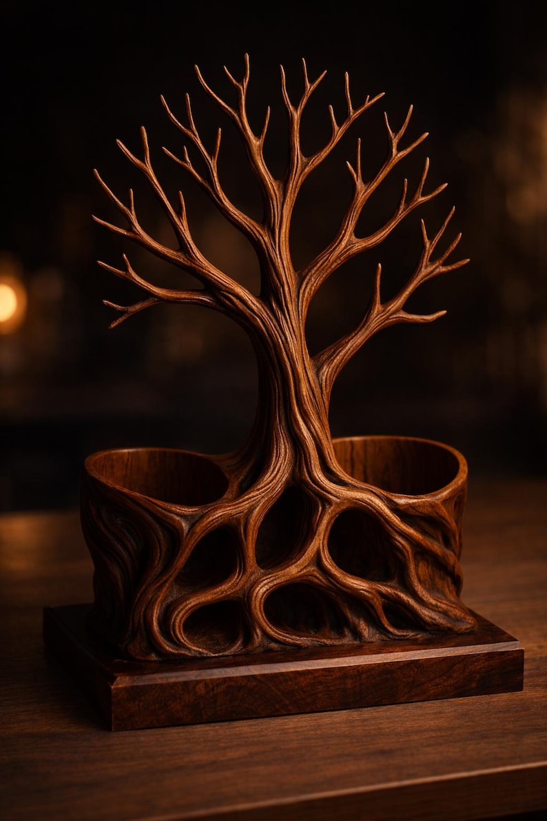 May include: A brown wooden desk organizer featuring a carved tree design with exposed roots forming two circular compartments. The structure is mounted on a rectangular wooden base, showcasing detailed wood grain textures throughout the entire piece.