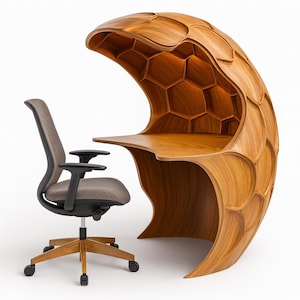 Op de afbeelding: Een uniek houten bureau met een gebogen, schelpvormig ontwerp en een ingebouwde plank met honingraatpatroon. Een grijze bureaustoel met een houten onderstel staat naast het bureau. Het bureau en de stoel staan tegen een witte achtergrond.
