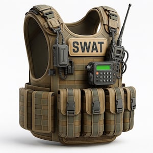 May include: A tactical vest in shades of brown and green, featuring multiple pouches, straps, and a prominent "SWAT" patch. It includes attached communication devices, such as a radio and a keypad with a green screen.