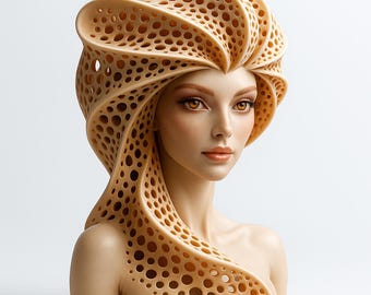 May include: A bust of a woman with light skin and amber eyes. She wears a beige, porous, sculptural headpiece that frames her face and shoulders. The headpiece has a swirling, layered design with numerous circular openings. The background is plain white.