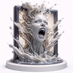 Peut inclure: Une sculpture monochrome représentant une tête humaine à la bouche ouverte, semblant émerger d'un cadre rectangulaire sombre. La figure est entourée d'éclaboussures blanches dynamiques et fluides qui s'étendent, créant une impression de mouvement.