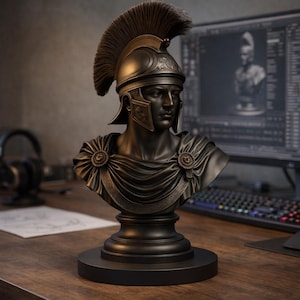 Puede incluir: Busto de soldado romano de bronce oscuro, con un casco detallado y una cresta de plumas. El busto presenta una prenda drapeada y está montado sobre una base redonda. La escultura está sobre un escritorio de madera.