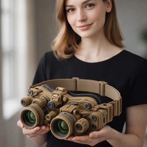 May include: Tan night vision goggles with green lenses and a tan head strap. The goggles have multiple adjustment knobs and a complex design. The image shows the goggles being held by a person.