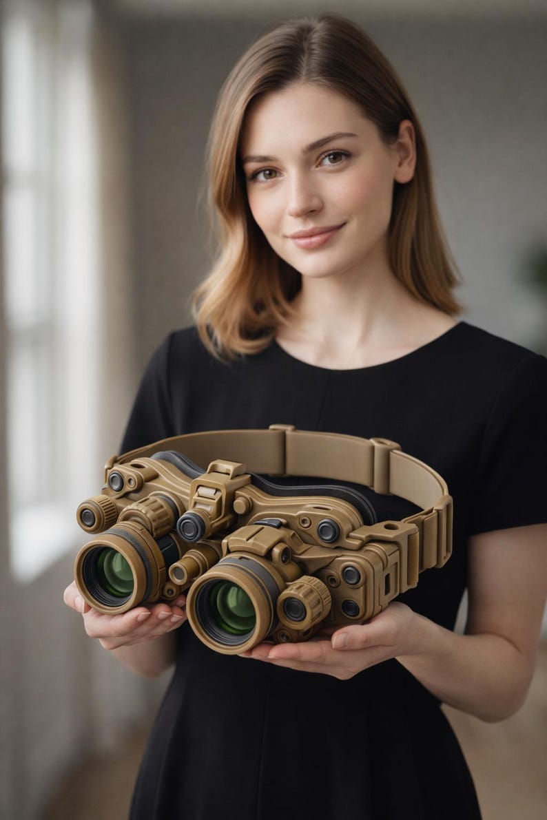 May include: Tan night vision goggles with green lenses and a tan head strap. The goggles have multiple adjustment knobs and a complex design. The image shows the goggles being held by a person.