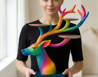 May include: A colorful deer head sculpture with rainbow hues, featuring small circular platforms on its antlers. The sculpture is mounted on a blue rectangular base. The deer head is held by a person wearing a black dress.
