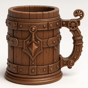 Puede incluir: Un jarro de cerveza de estilo madera marrón con un asa decorativa y detalles metálicos. El jarro presenta un diseño de escudo con una espada y remaches. El jarro mide aproximadamente 15 cm de alto.