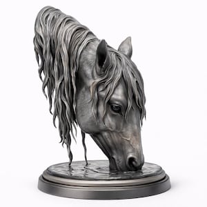 May include: A detailed sculpture of a horse's head, drinking water. The horse is grey with a flowing mane and is set on a round, dark base. The water around the horse's head is textured to appear realistic.