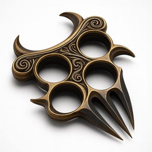 May include: Ornate brass knuckles with four finger holes and three sharp, pointed blades. The knuckles feature decorative scrollwork and curved accents, creating a detailed and imposing design. The metal has a weathered, antique finish.