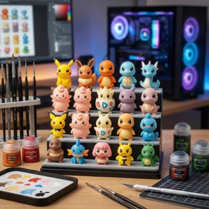 May include: A collection of colorful Pok&eacute;mon figurines displayed on a tiered stand. The figurines include Pikachu, Eevee, Charmander, Squirtle, and others. Paint supplies and a computer are in the background.