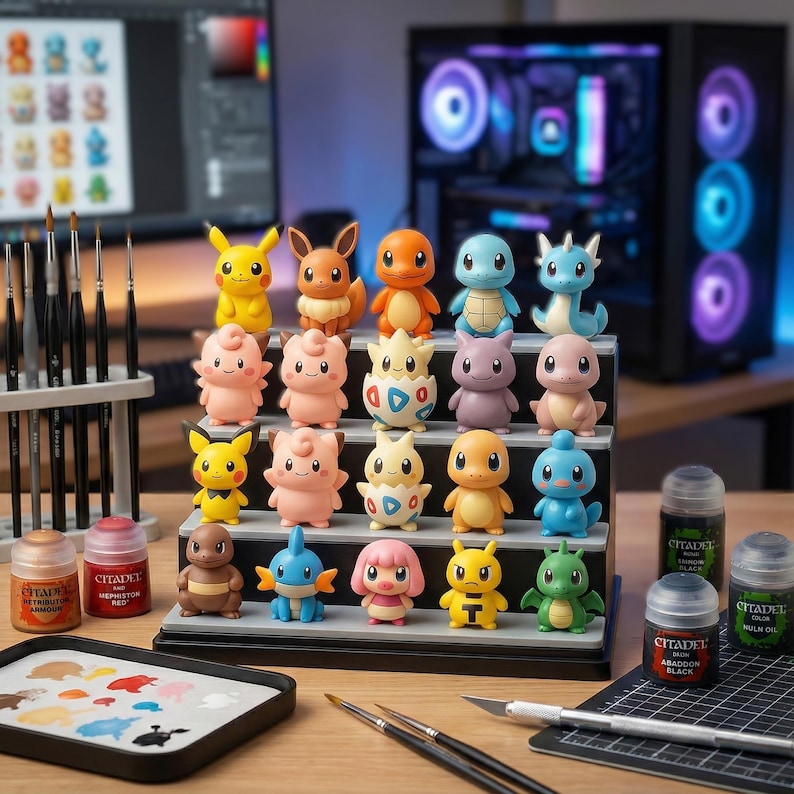 May include: A collection of colorful Pok&eacute;mon figurines displayed on a tiered stand. The figurines include Pikachu, Eevee, Charmander, Squirtle, and others. Paint supplies and a computer are in the background.
