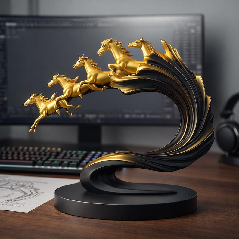 May include: A decorative sculpture featuring four gold-colored horses in a dynamic running pose, emerging from a sweeping, wave-like black base with gold accents. The horses are arranged in a diagonal line, creating a sense of motion and fluid energy.