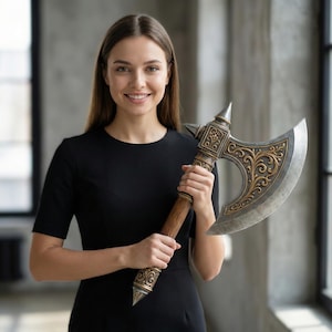 May include: An ornate axe with a wooden handle and gold-coloured metal detailing. The axe head is silver with a curved blade. The handle is brown. The axe features intricate carvings and a spike on top.