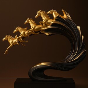 May include: A decorative sculpture featuring four gold-colored horses in a dynamic running pose, emerging from a large, sweeping black wave-like structure. The entire piece is mounted on a solid, rectangular black base, creating a contrast.
