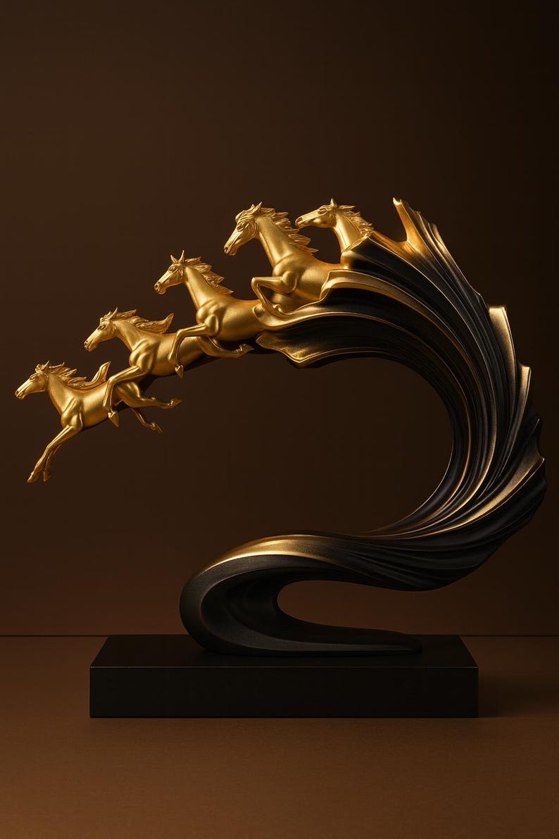 May include: A decorative sculpture featuring four gold-colored horses in a dynamic running pose, emerging from a large, sweeping black wave-like structure. The entire piece is mounted on a solid, rectangular black base, creating a contrast.